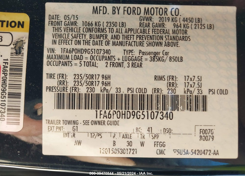 2016 FORD FUSION SE VIN: 1FA6P0HD9G5107340