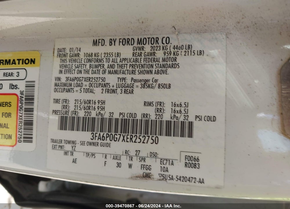 2014 FORD FUSION S VIN: 3FA6P0G7XER252750