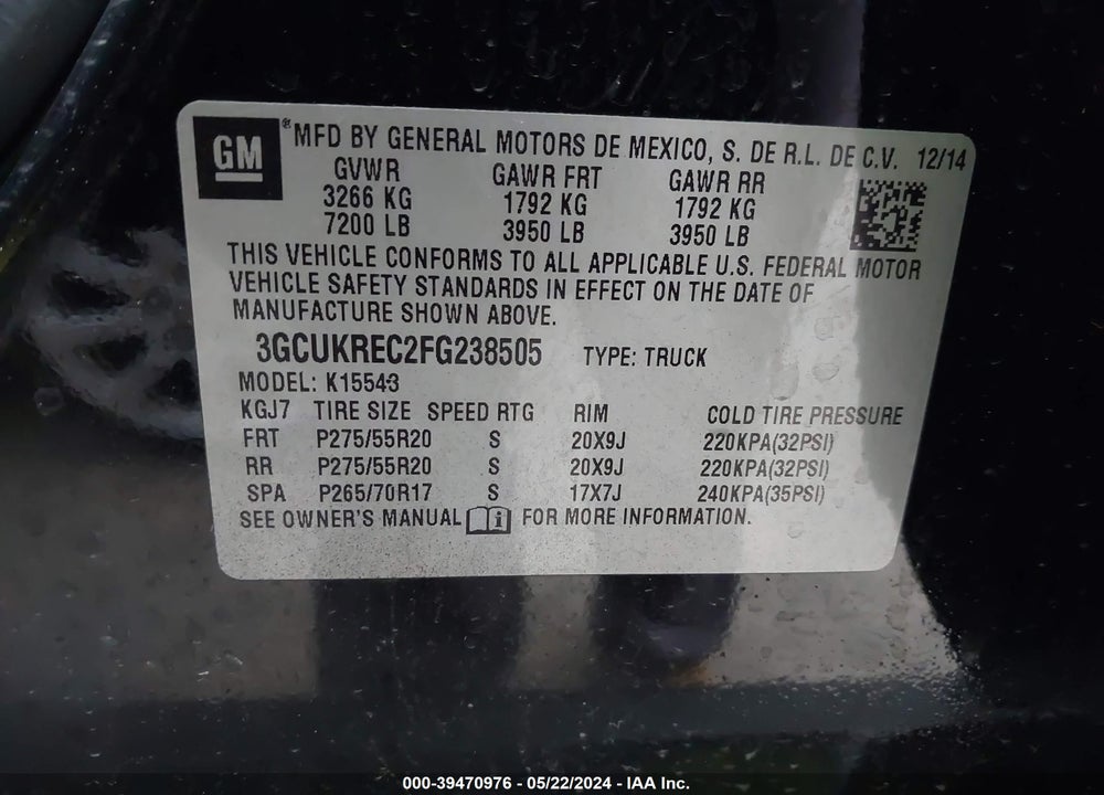 2015 CHEVROLET SILVERADO 1500 2LT VIN: 3GCUKREC2FG238505