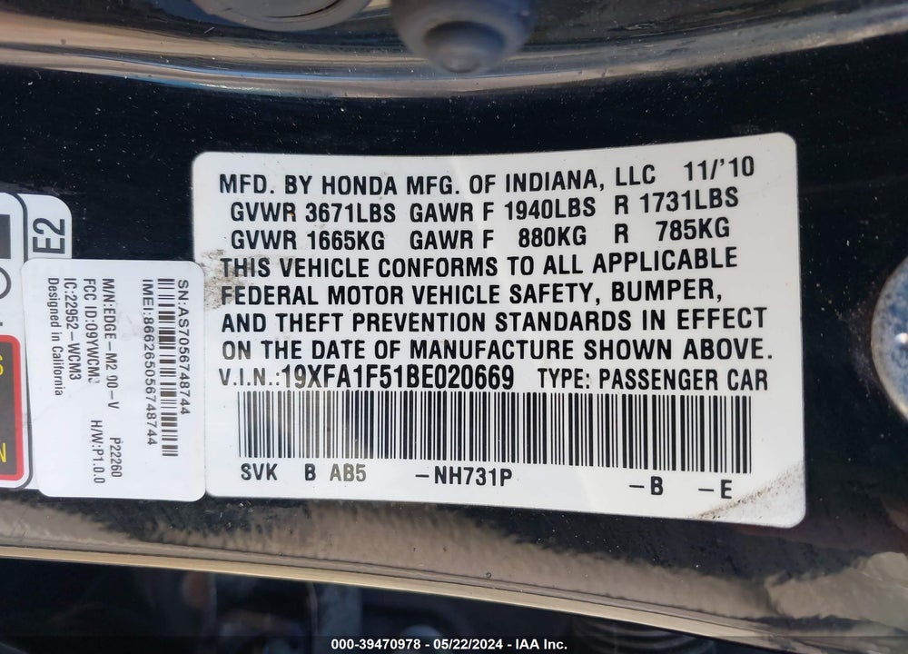 2011 HONDA CIVIC VIN: 19XFA1F51BE020669