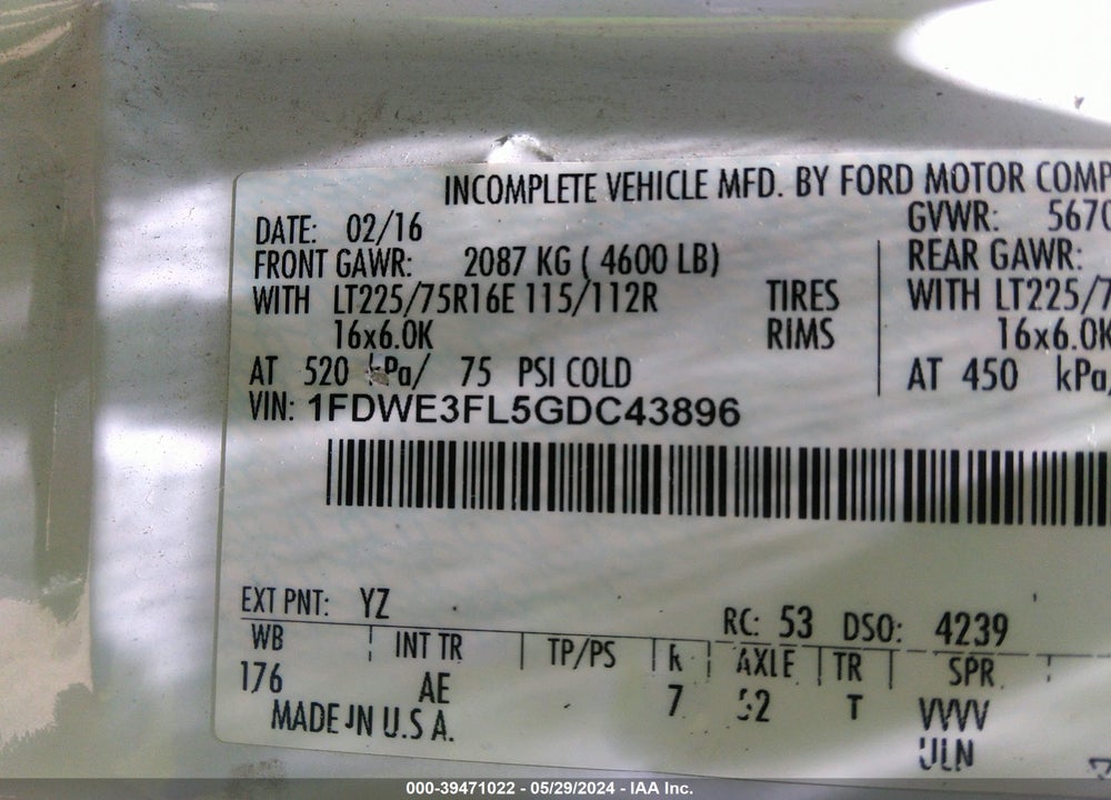 2016 FORD E-350 CUTAWAY VIN: 1FDWE3FL5GDC43896