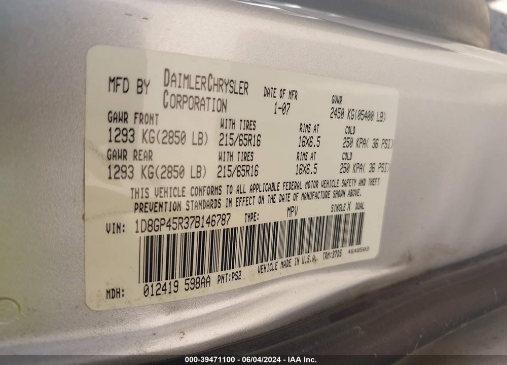 2007 DODGE CARAVAN SXT VIN: 1D8GP45R37B146787