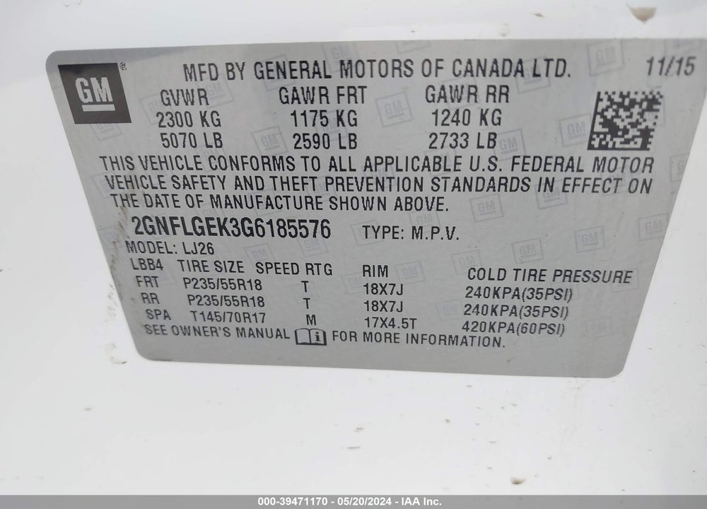 2016 CHEVROLET EQUINOX LTZ VIN: 2GNFLGEK3G6185576