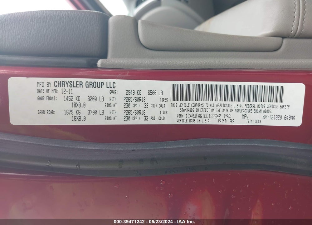 2012 JEEP GRAND CHEROKEE LAREDO VIN: 1C4RJFAG1CC183642