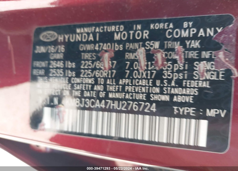 2017 HYUNDAI TUCSON SE VIN: KM8J3CA47HU276724