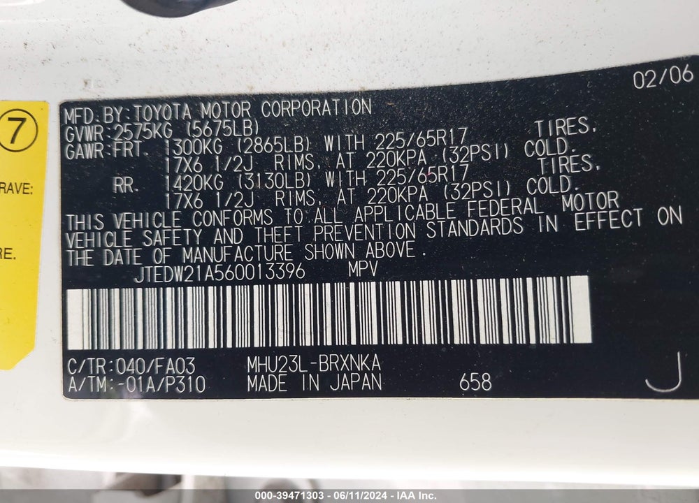 2006 TOYOTA HIGHLANDER HYBRID V6 VIN: JTEDW21A560013396