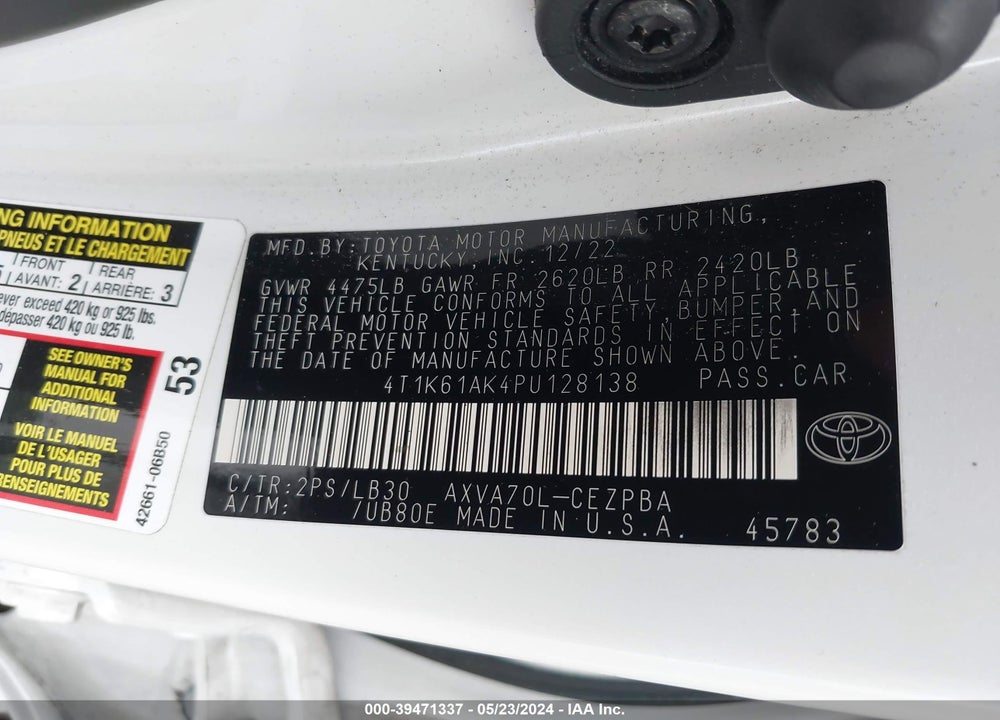 2023 TOYOTA CAMRY XSE VIN: 4T1K61AK4PU128138