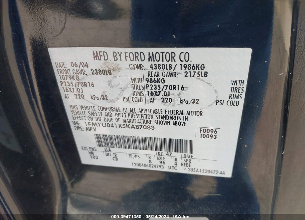 2005 FORD ESCAPE LIMITED VIN: 1FMYU041X5KA87083