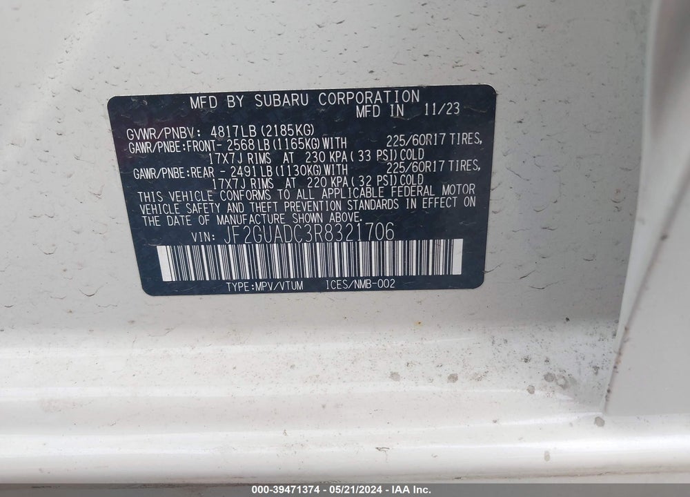 2024 SUBARU CROSSTREK PREMIUM VIN: JF2GUADC3R8321706