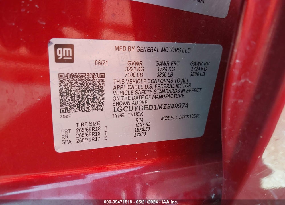2021 CHEVROLET SILVERADO 1500 4WD SHORT BED LT VIN: 1GCUYDED1MZ349974