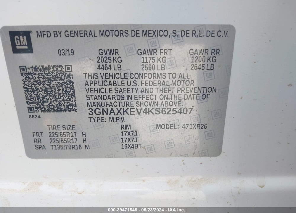 2019 CHEVROLET EQUINOX LT VIN: 3GNAXKEV4KS625407
