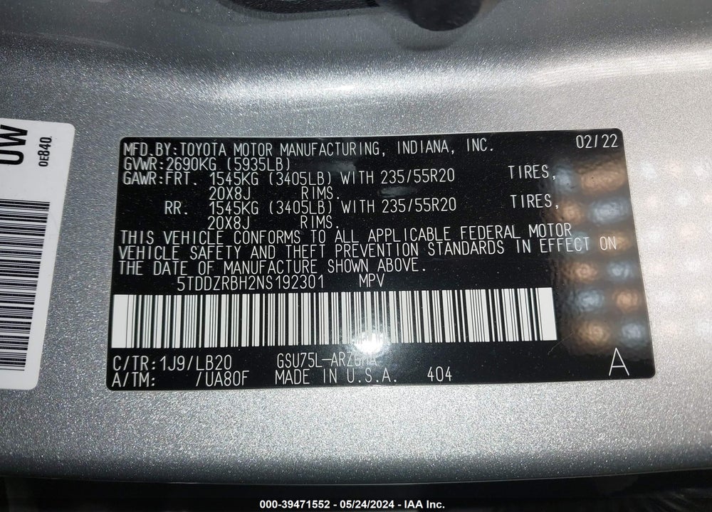 2022 TOYOTA HIGHLANDER LIMITED VIN: 5TDDZRBH2NS192301