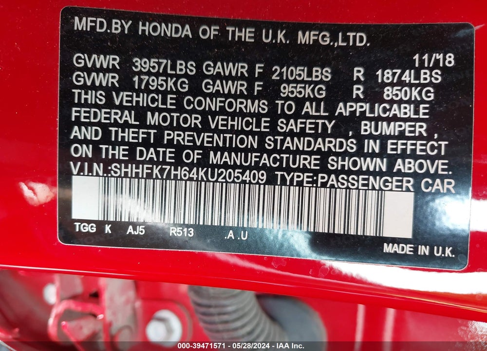 2019 HONDA CIVIC EX VIN: SHHFK7H64KU205409