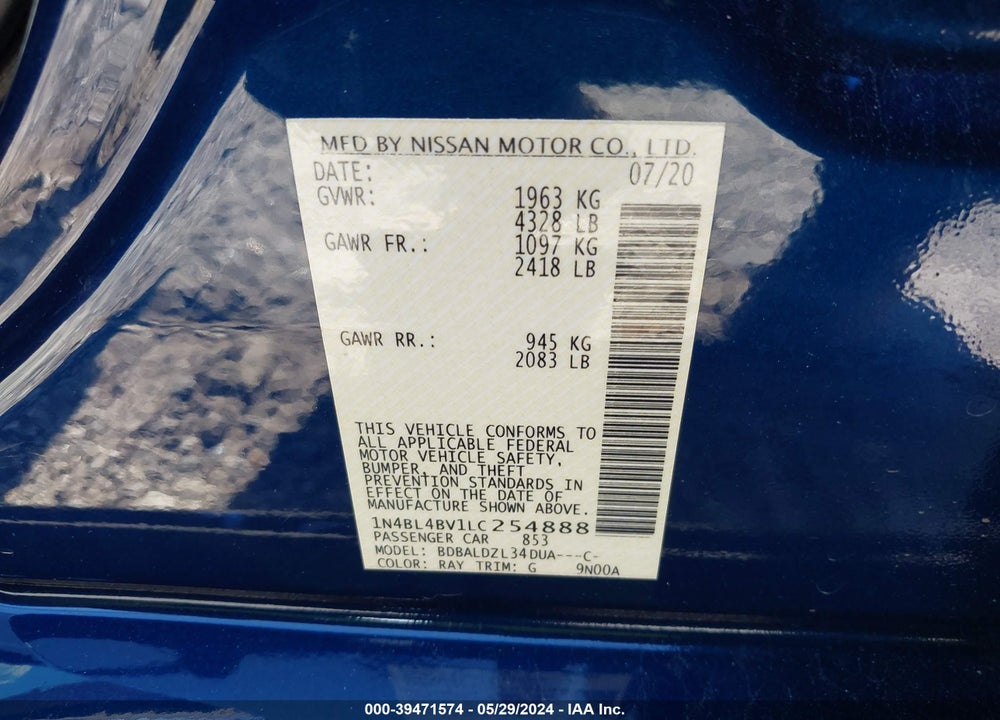 2020 NISSAN ALTIMA S FWD VIN: 1N4BL4BV1LC254888