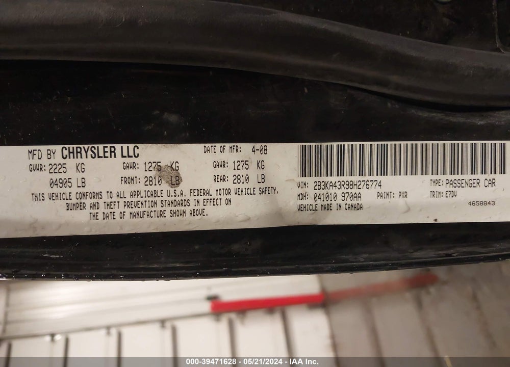2008 DODGE CHARGER VIN: 2B3KA43R98H276774