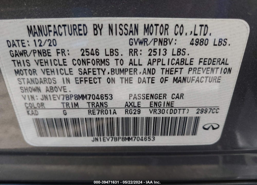 2021 INFINITI Q50 LUXE VIN: JN1EV7BP8MM704653