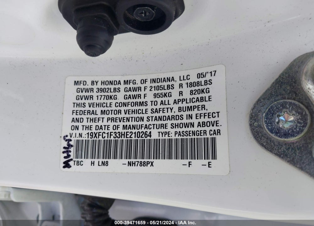 2017 HONDA CIVIC EX-T VIN: 19XFC1F33HE210264