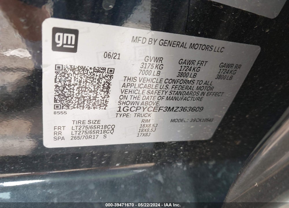 2021 CHEVROLET SILVERADO 1500 VIN: 1GCPYCEF3MZ363609