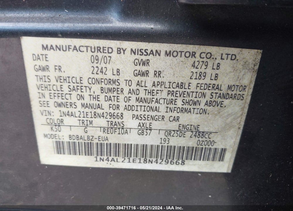 2008 NISSAN ALTIMA 2.5 S VIN: 1N4AL21E18N429668