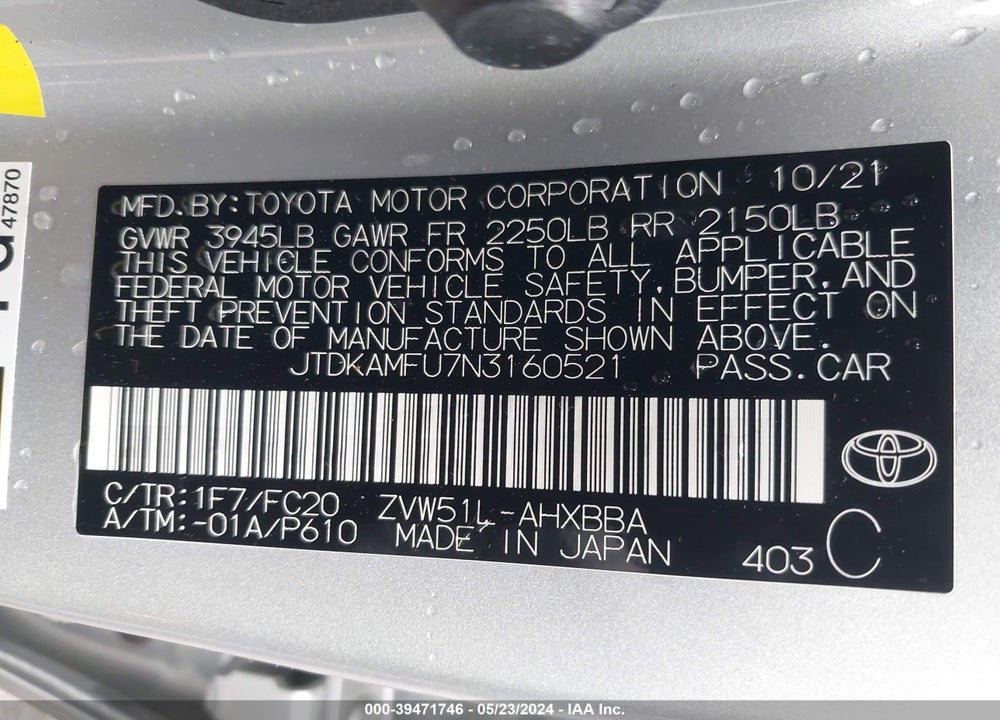 2022 TOYOTA PRIUS L VIN: JTDKAMFU7N3160521