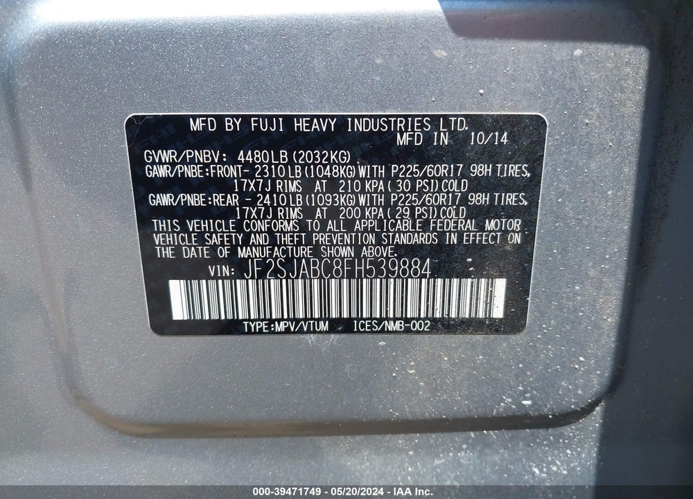 2015 SUBARU FORESTER 2.5I VIN: JF2SJABC8FH539884