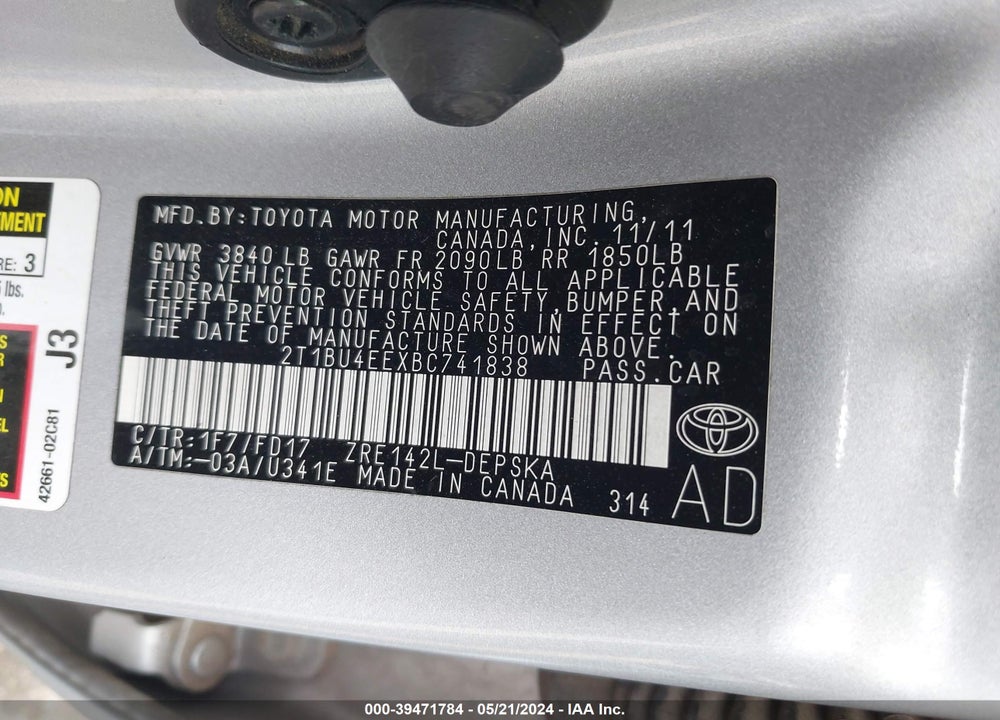 2011 TOYOTA COROLLA S VIN: 2T1BU4EEXBC741838
