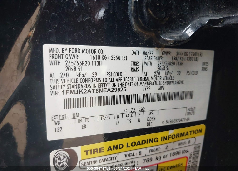 2022 FORD EXPEDITION LIMITED MAX VIN: 1FMJK2AT6NEA29625