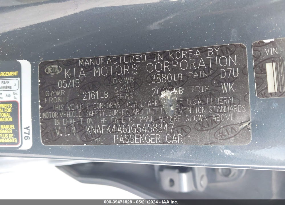 2016 KIA FORTE LX VIN: KNAFK4A61G5458347