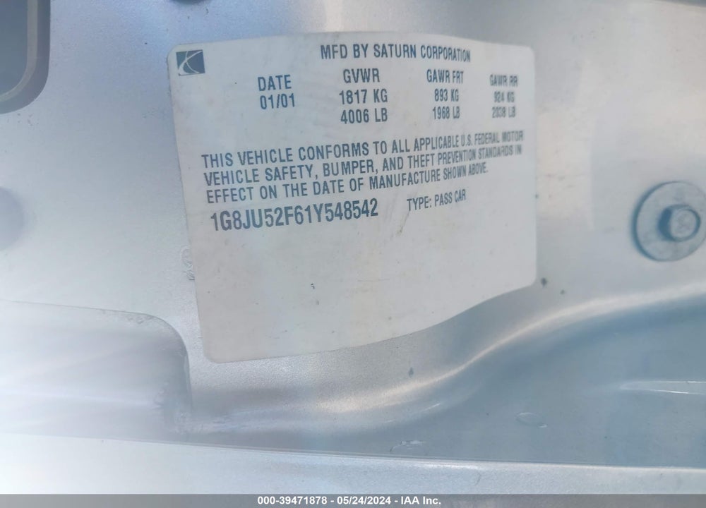 2001 SATURN L200 VIN: 1G8JU52F61Y548542