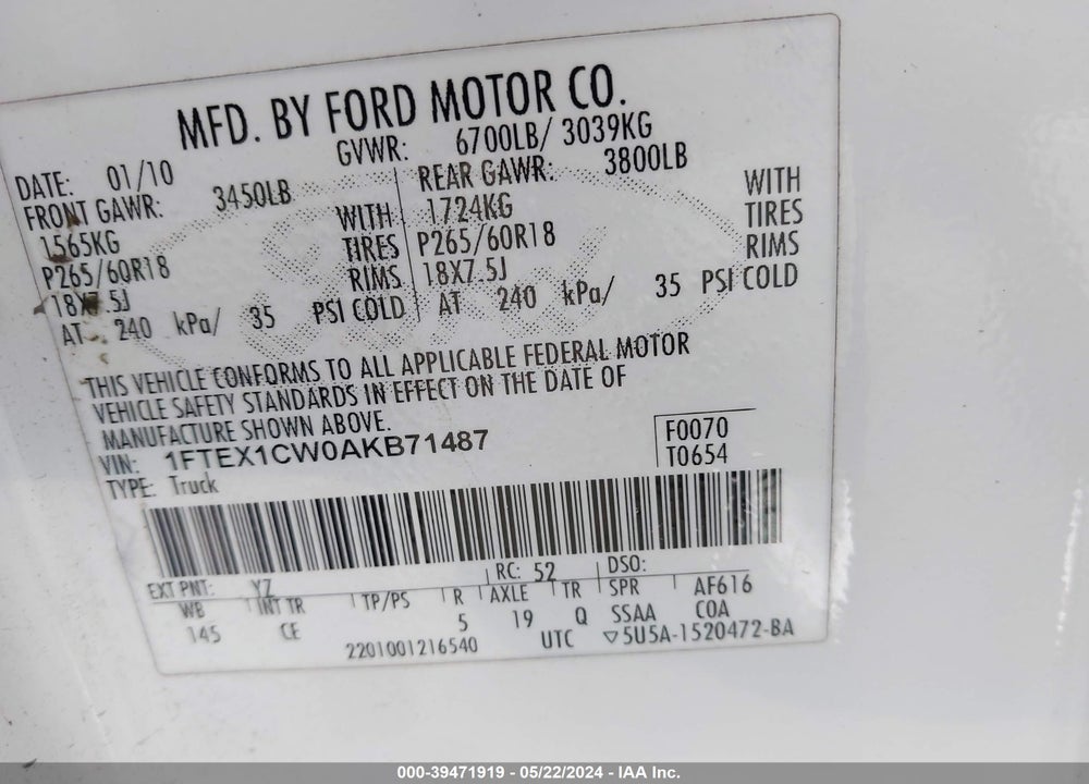 2010 FORD F-150 STX/XL VIN: 1FTEX1CW0AKB71487