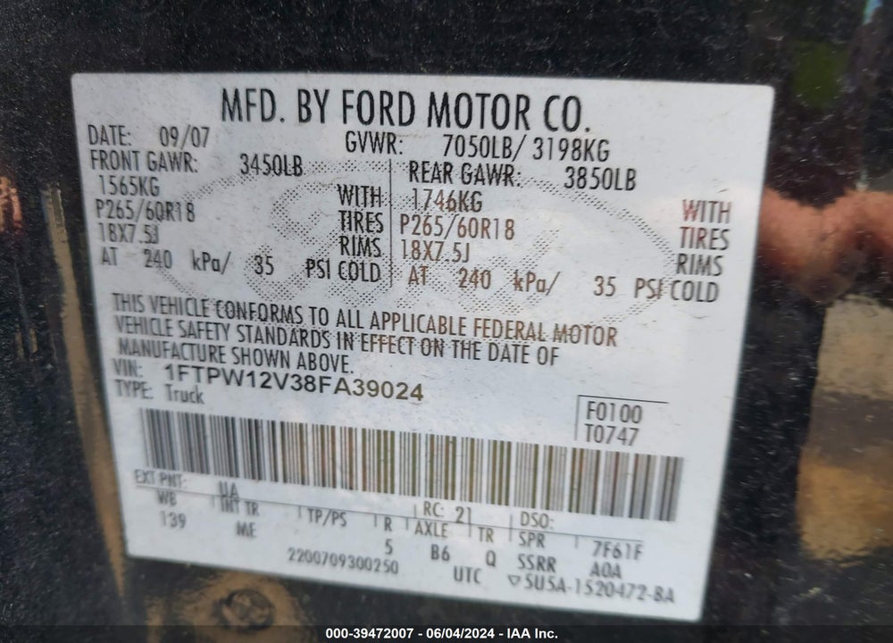 2008 FORD F-150 60TH ANNIVERSARY/FX2/KING RANCH/LARIAT/XLT VIN: 1FTPW12V38FA39024