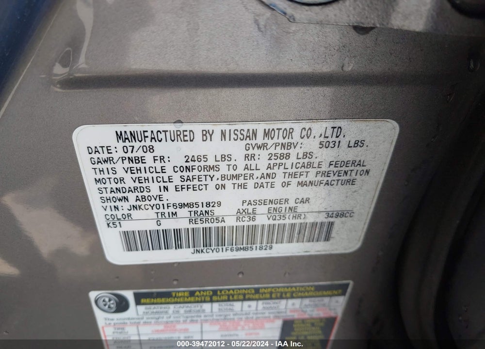 2009 INFINITI M35X VIN: JNKCY01F69M851829