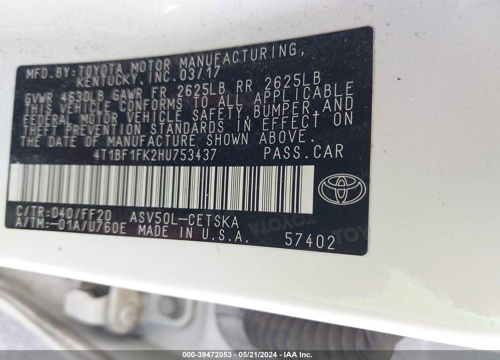 2017 TOYOTA CAMRY VIN: 4T1BF1FK2HU753437