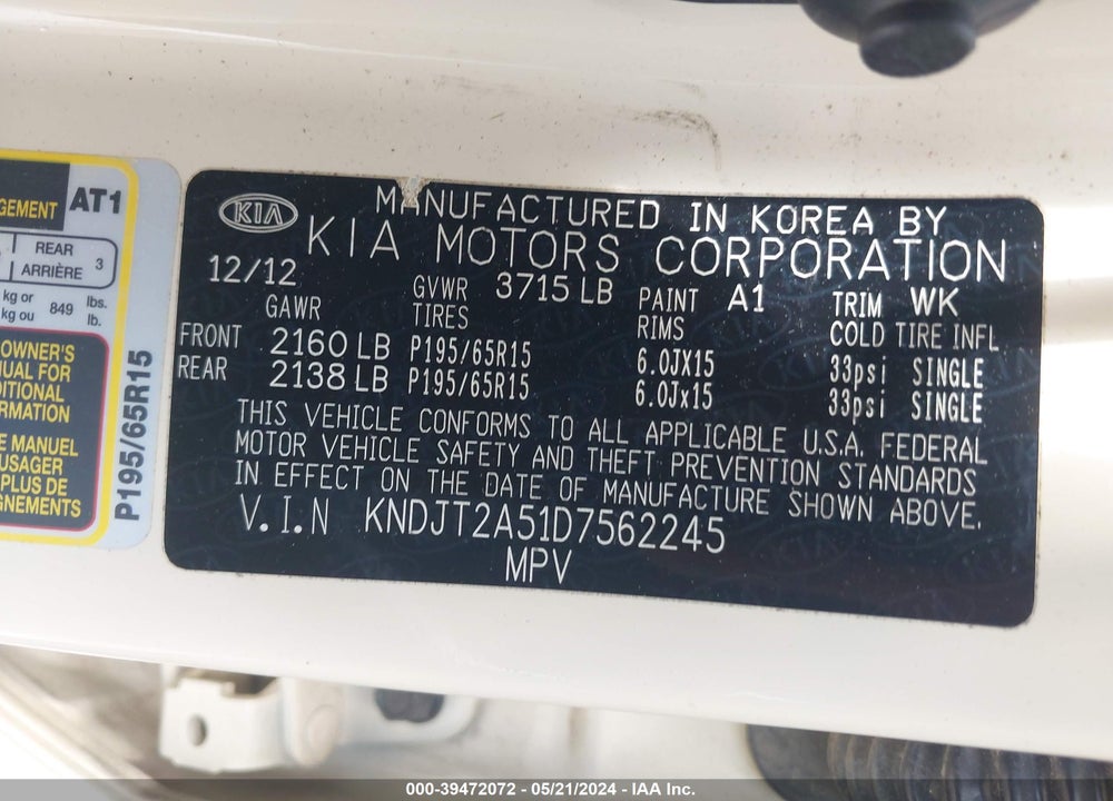2013 KIA SOUL VIN: KNDJT2A51D7562245