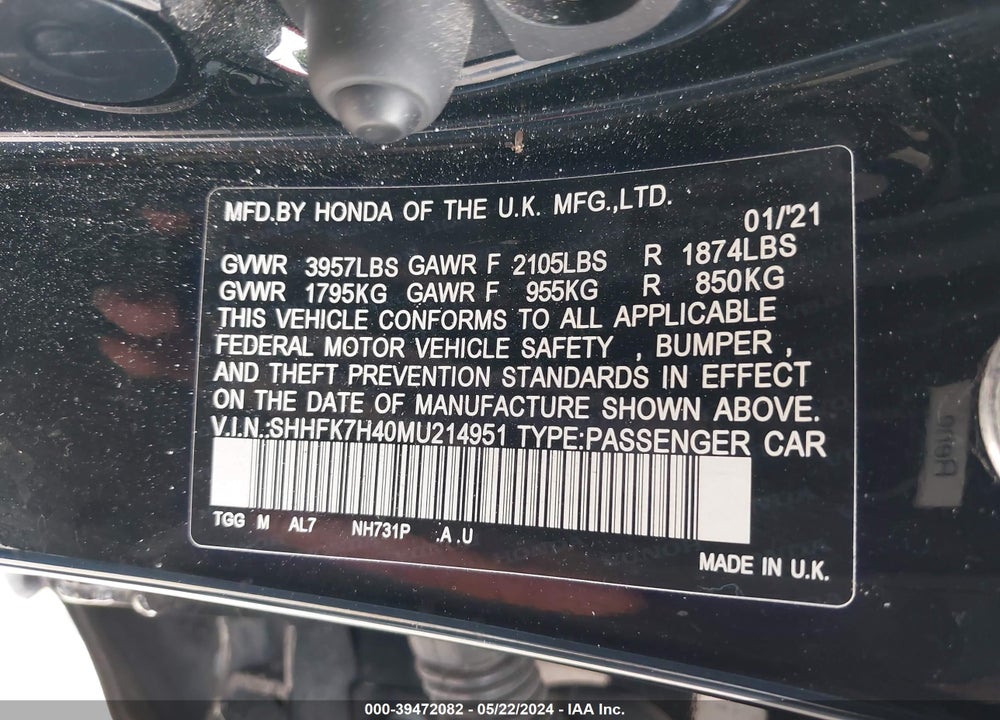 2021 HONDA CIVIC SPORT VIN: SHHFK7H40MU214951