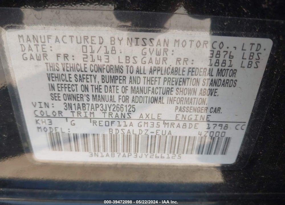 2018 NISSAN SENTRA SV VIN: 3N1AB7AP3JY266125