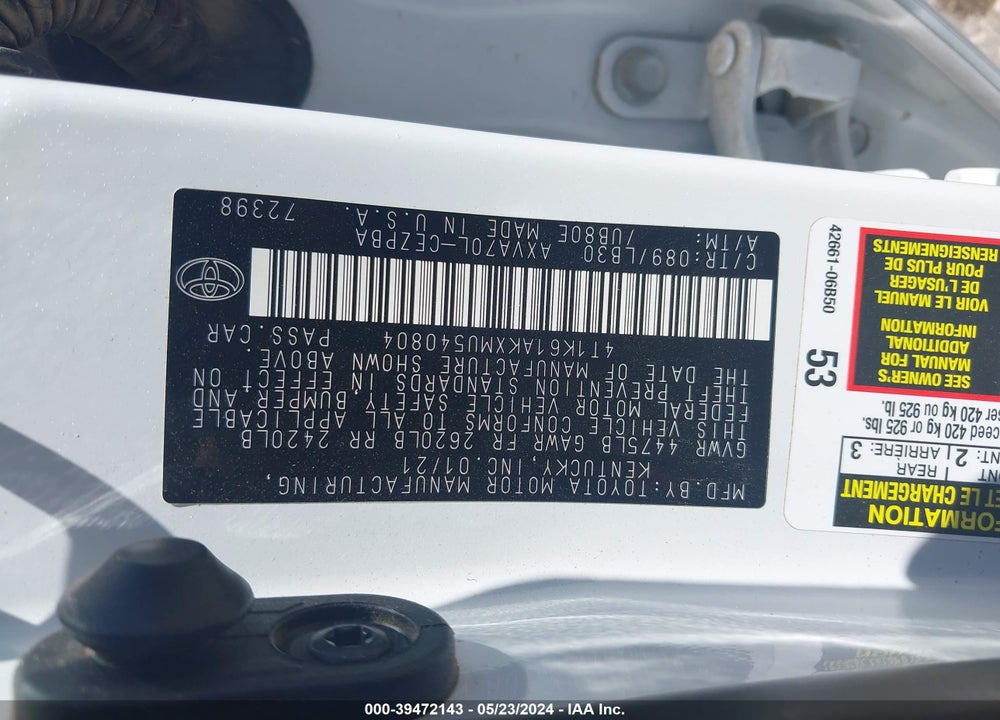 2021 TOYOTA CAMRY XSE VIN: 4T1K61AKXMU540804