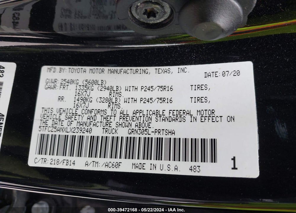 2020 TOYOTA TACOMA SR V6 VIN: 5TFCZ5ANXLX239240