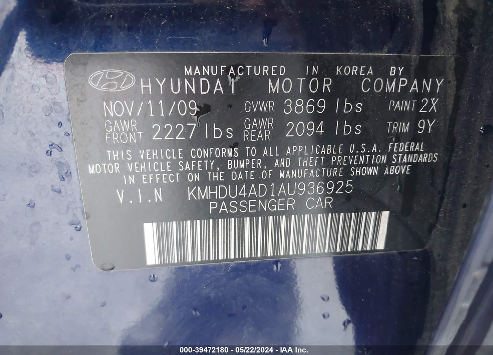 2010 HYUNDAI ELANTRA GLS VIN: KMHDU4AD1AU936925