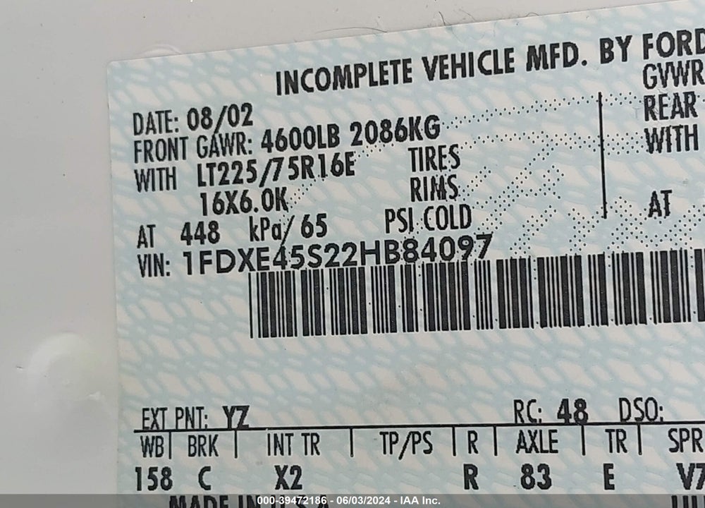 2002 FORD E-450 CUTAWAY STANDARD VIN: 1FDXE45S22HB84097