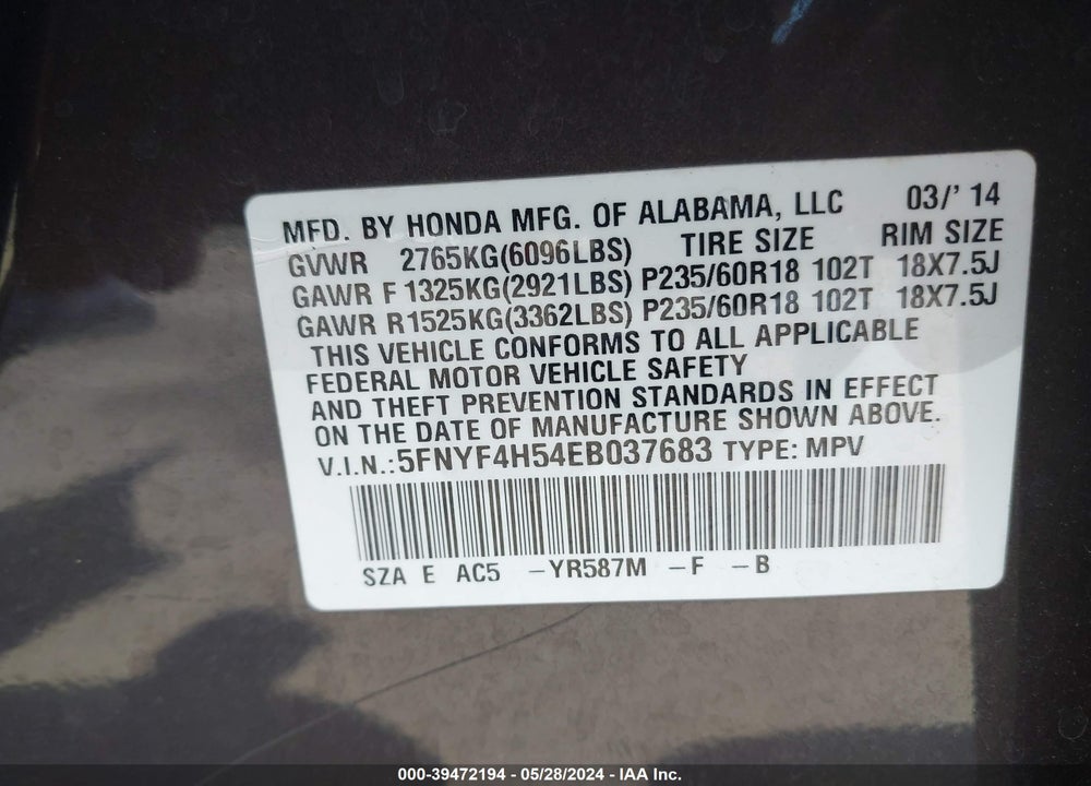 2014 HONDA PILOT EX-L VIN: 5FNYF4H54EB037683