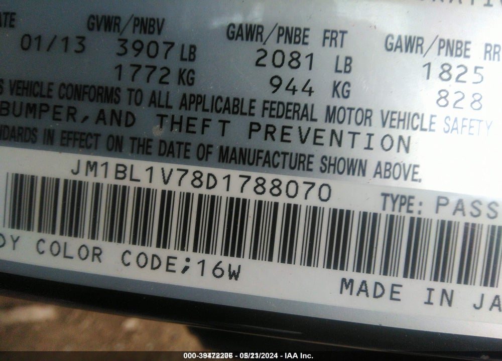 2013 MAZDA 3 I TOURING VIN: JM1BL1V78D1788070