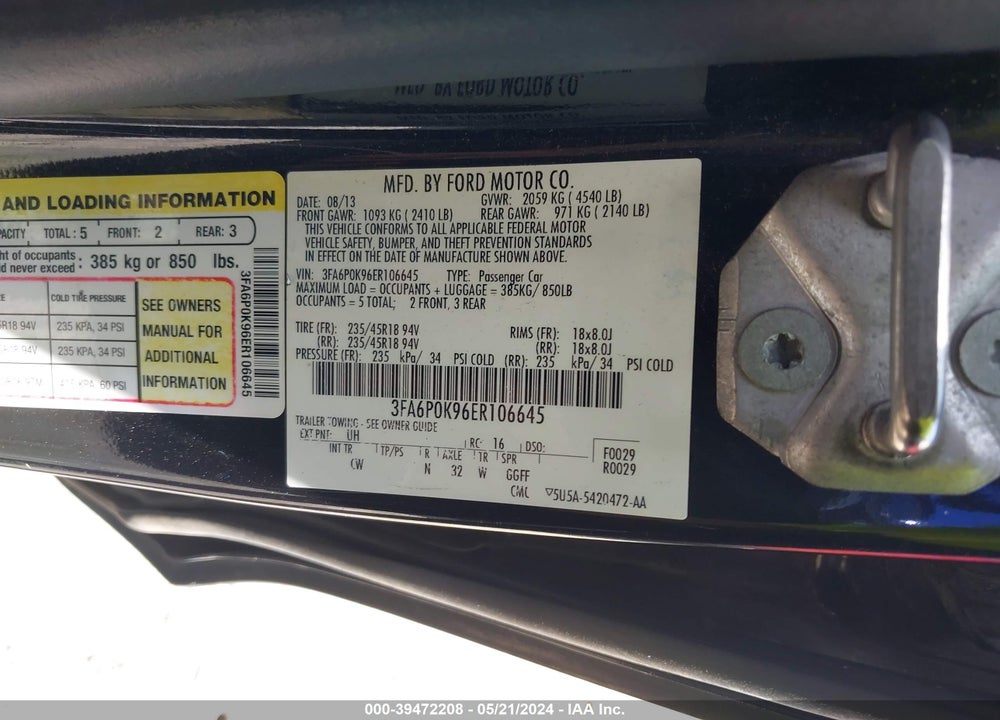 2014 FORD FUSION TITANIUM VIN: 3FA6P0K96ER106645