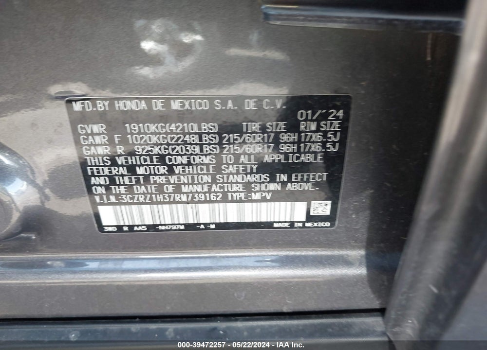2024 HONDA HR-V 2WD LX VIN: 3CZRZ1H37RM739162