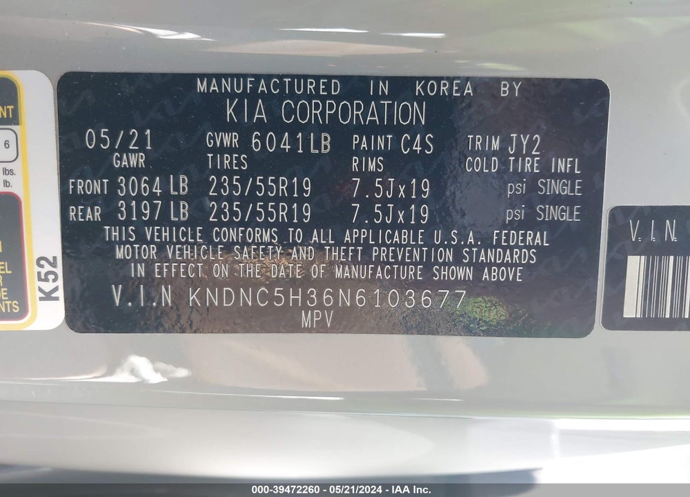 2022 KIA CARNIVAL MPV EX VIN: KNDNC5H36N6103677
