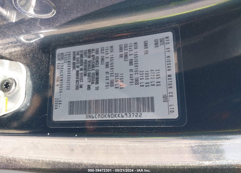 2019 NISSAN NV200 SV VIN: 3N6CM0KN0KK693722