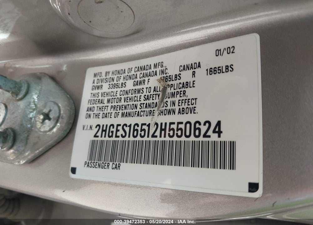 2002 HONDA CIVIC LX VIN: 2HGES16512H550624