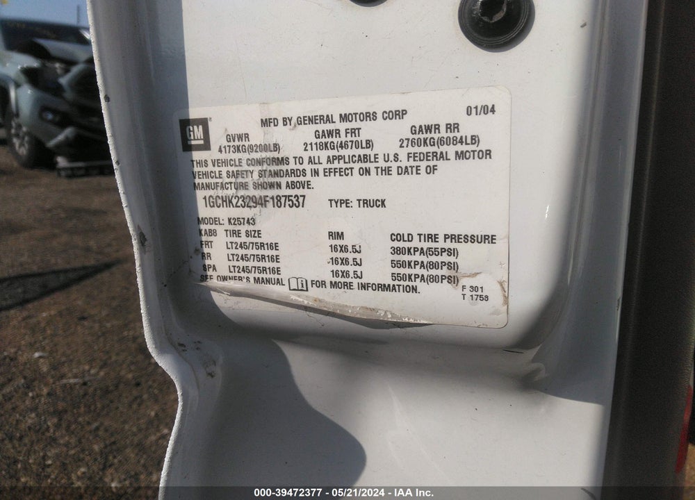 2004 CHEVROLET SILVERADO 2500HD VIN: 1GCHK23294F187537