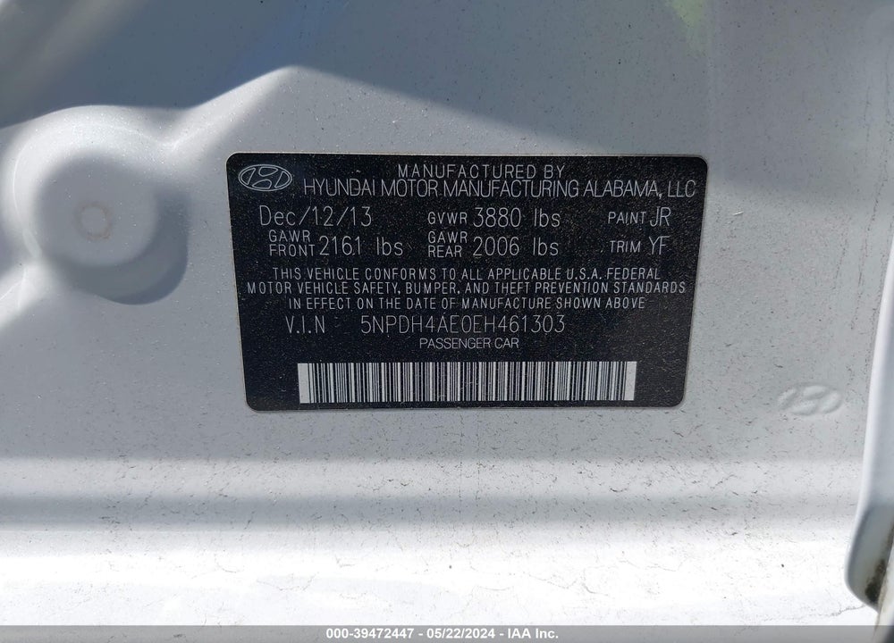 2014 HYUNDAI ELANTRA LIMITED VIN: 5NPDH4AE0EH461303