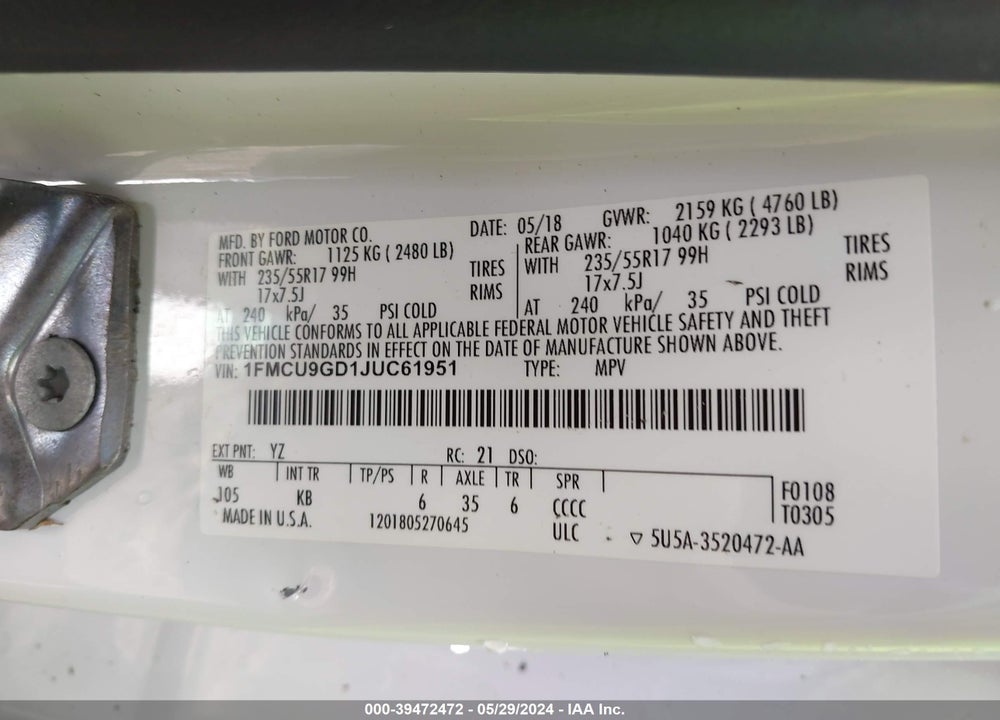 2018 FORD ESCAPE SE VIN: 1FMCU9GD1JUC61951
